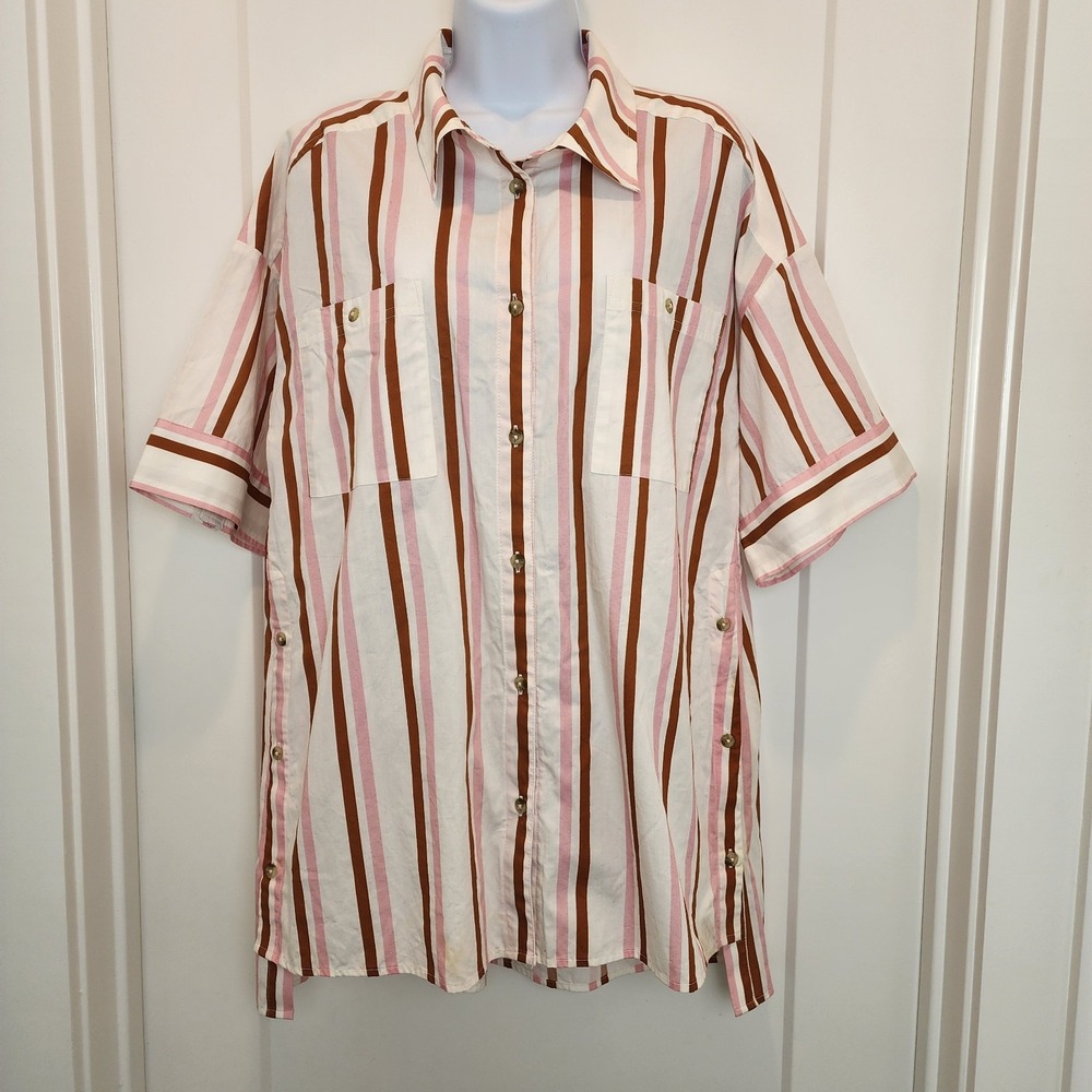 NWT Anthropologie Pink & Brown Striped Oversized Tunic Shirt XS‎ Coastal Artsy